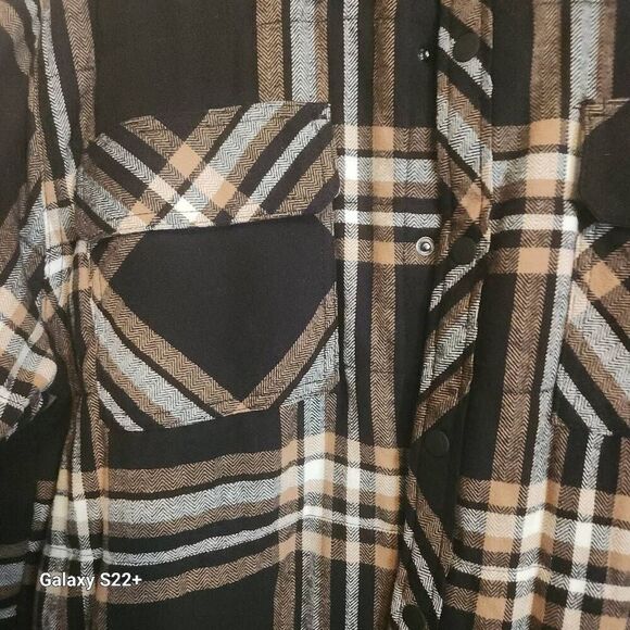 O16 George mens black/brown/tan plaid flannel black sherpa-lined jacket w snaps - Picture 9 of 10